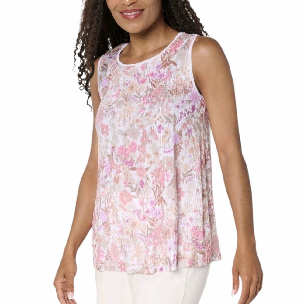 Susan Graver Top Pink White Women Sz XL Sequin Sleeveless Mesh Lined Floral Tank